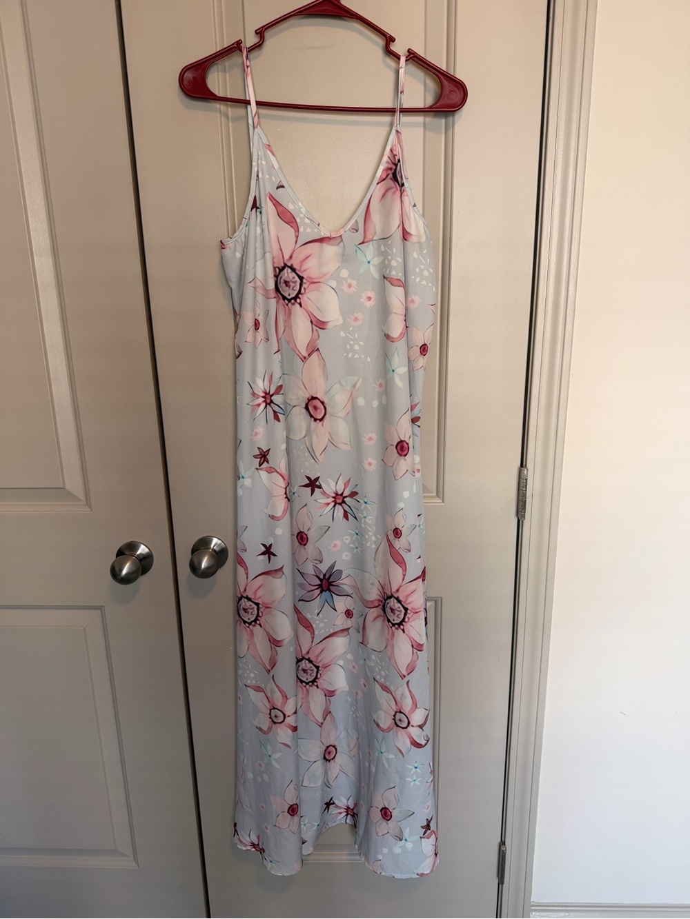 Light Blue Floral Maxi Slip Dress with Pink Accents